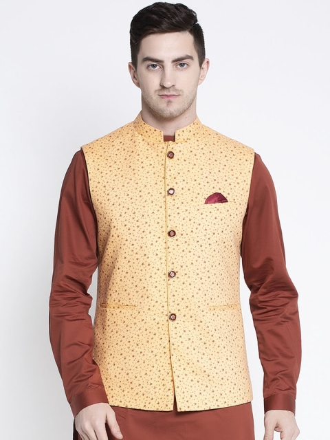 

MAXENCE Men Yellow Printed Slim Fit Pure Cotton Nehru Jacket