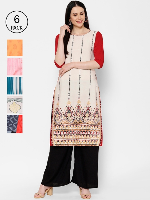 

7Threads Women Pack of 6 Multicoloured Printed Straight Kurtas, Multi