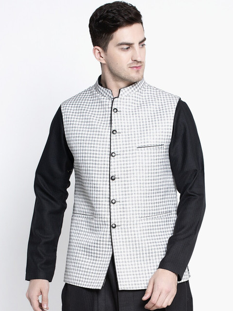 

MAXENCE Men White Checked Slim Fit Pure Cotton Nehru Jacket