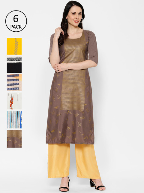 

7Threads Women Set Of 6 Multicoloured Woven Design A-Line Kurta, Multi