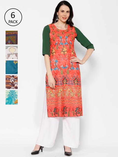 

7Threads Women Multicoloured Pack of 6 Printed Straight Kurta, Multi