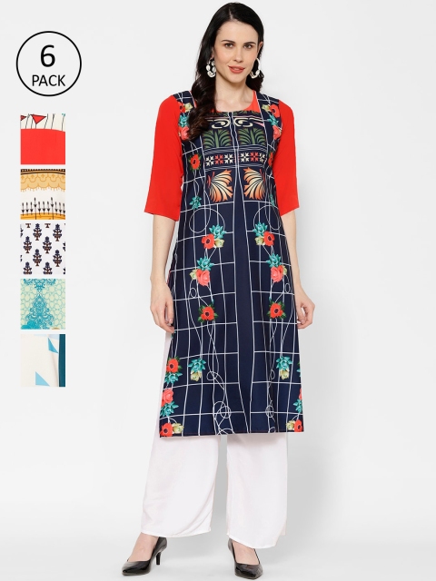 

7Threads Women Set Of 6 Multicoloured Checked A-Line Kurta, Multi