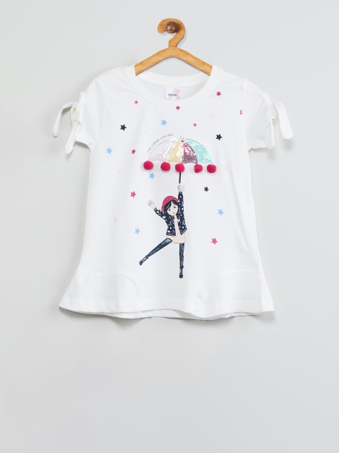 

max Girls White Printed A-Line Knitted Cotton Top