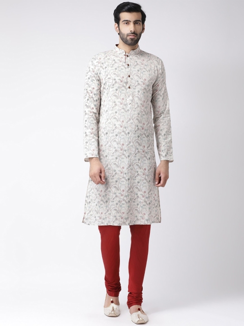 

Vartah Men Off-White & Red Woven Design Kurta with Churidar