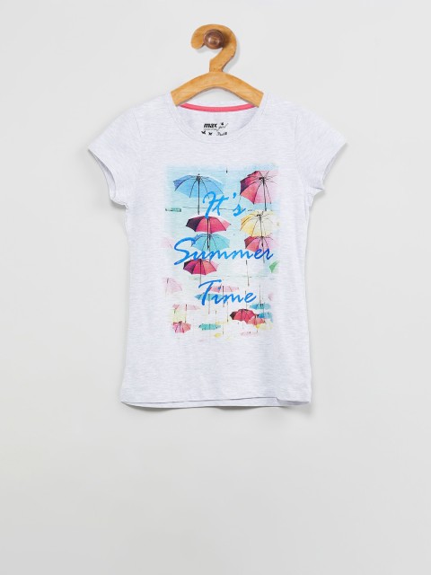 

max Girls Grey Melange Printed Round Neck T-shirt