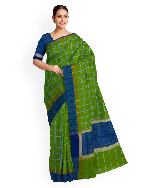 

KLM Fashion Mall Green & Blue Linen Blend Checked Saree