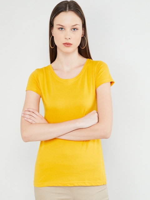 

max Women Yellow Solid Round Neck T-shirt