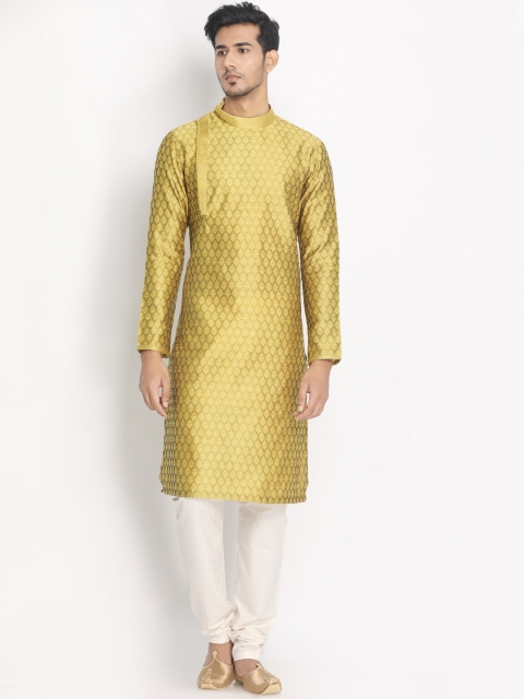 

Manyavar Men Yellow & Off-White Woven Design Kurta with Pyjamas