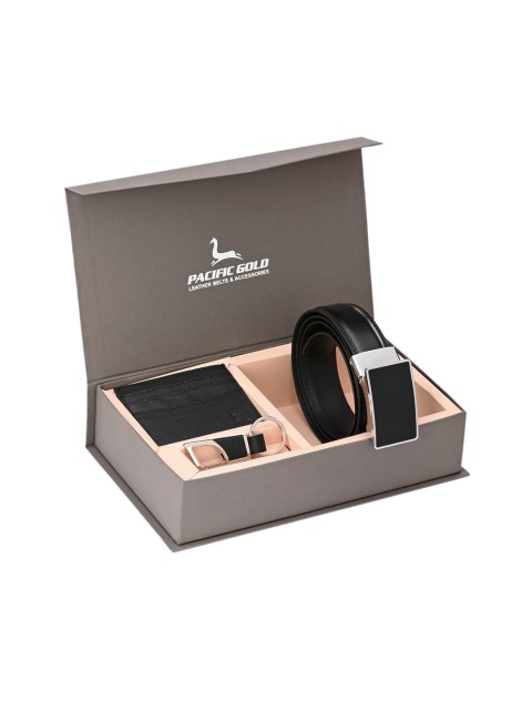 

Pacific Gold Men Black & Silver-Toned Genuine Leather Accessory Gift Set