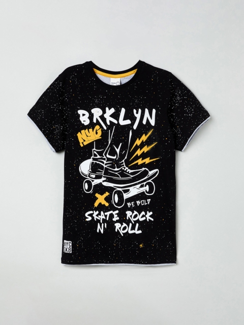 

max Boys Black Printed Round Neck T-shirt