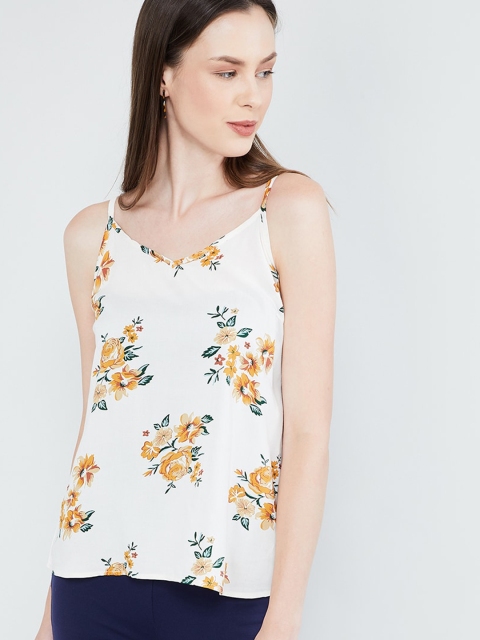 

max Women Cream-Coloured & Orange Floral Printed Tank Top