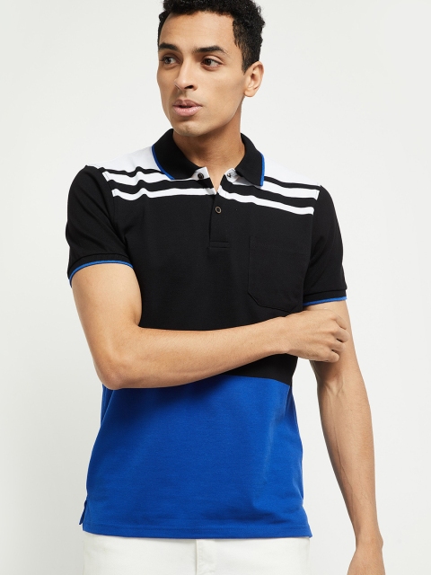 

max Men Blue & Black Colourblocked Polo Collar T-shirt