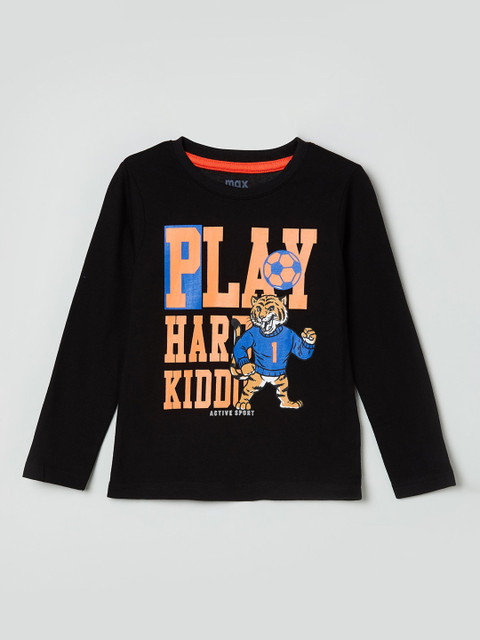 

max Boys Black Printed Round Neck T-shirt