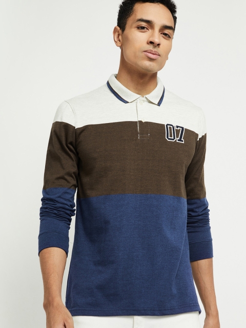 

max Men Brown & Blue Colourblocked Polo Collar T-shirt