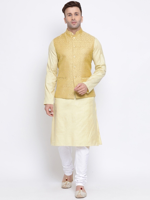 

NAMASKAR Men Yellow & White Solid Kurta with Pyjamas & Nehru Jacket