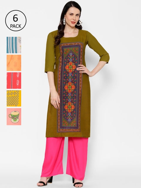 

7Threads Women Pack of 6 Multicoloured Printed Straight Kurtas, Multi
