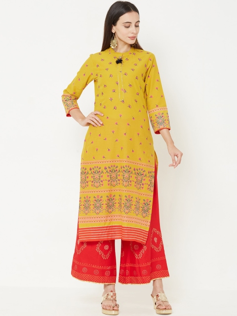 

FASHOR Women Mustard Yellow & Pink Printed Straight Kurta