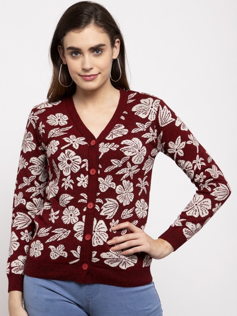

Kalt Women Maroon & White Printed Cardigan