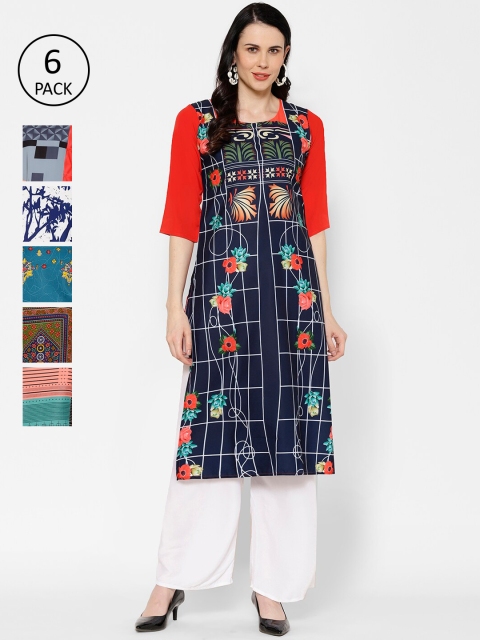 

7Threads Women Pack of 6 Multicoloured Printed Straight Kurtas, Multi