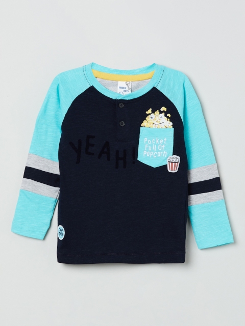 

max Boys Navy Blue Colourblocked Henley Neck T-shirt
