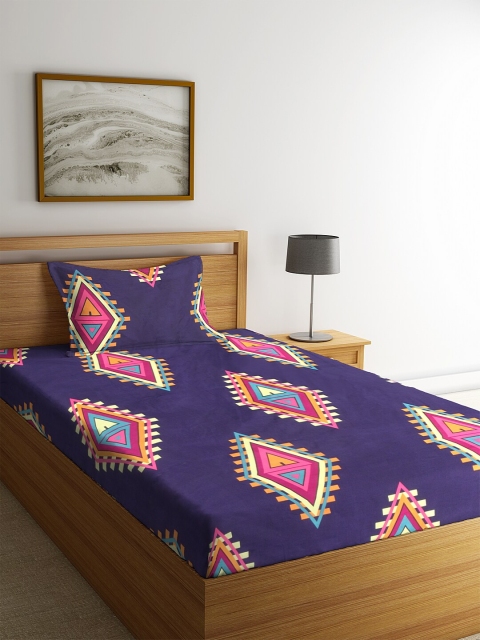 NEUDIS Blue Geometric 180 TC Polycotton 1 Single Bedsheet with 1 Pillow Cover
