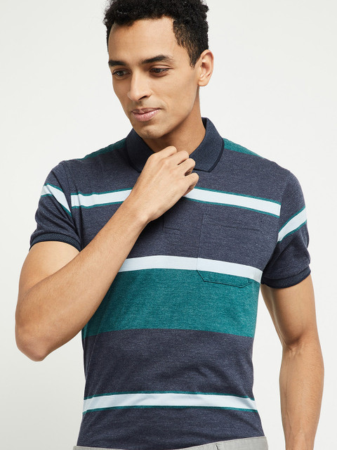 

max Men Charcoal Grey & Green Cotton Striped Polo Collar T-shirt