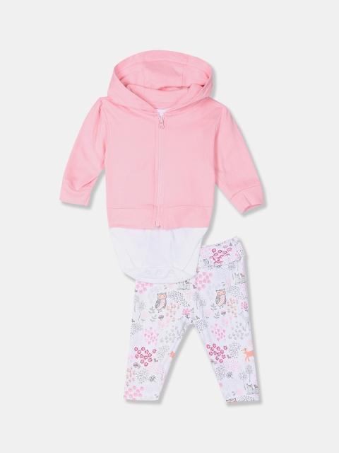 

The Childrens Place Girls Pink & White Solid Bodysuit with Leggings and Sweatshirt
