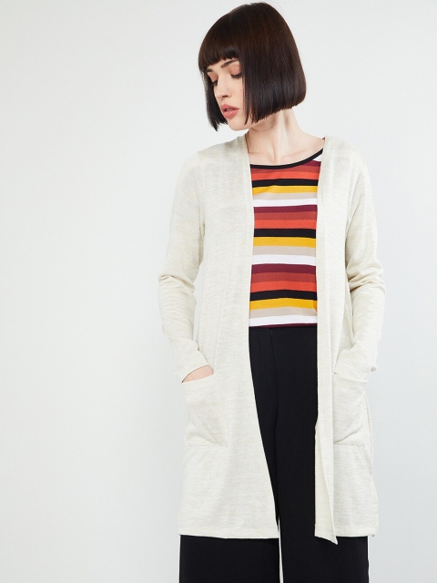 

max Women Cream-Coloured Solid Open Front Longline Shrug