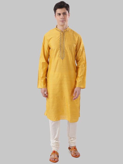 

Ethnix by Raymond Men Yellow Embroidered Pathani Kurta
