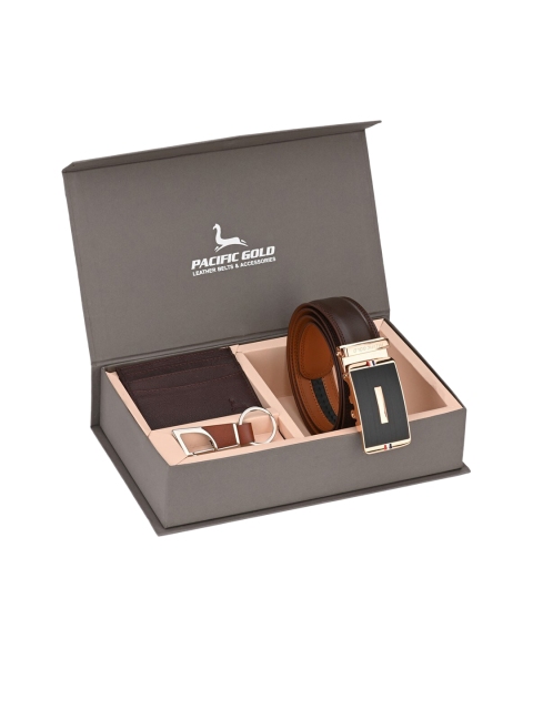 

Pacific Gold Men Brown & Silver-Toned Genuine Leather Accessory Gift Set