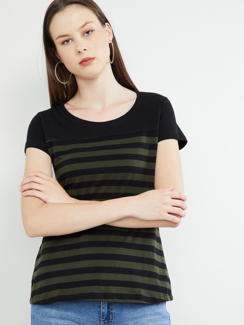 

max Women Green Striped Round Neck T-shirt