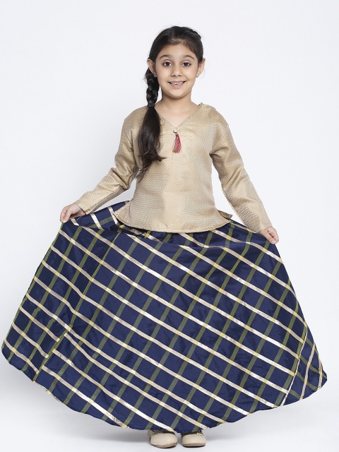 

Baani Creations Girls Beige & Navy Blue Self-Design Ready To Wear Lehenga Choli