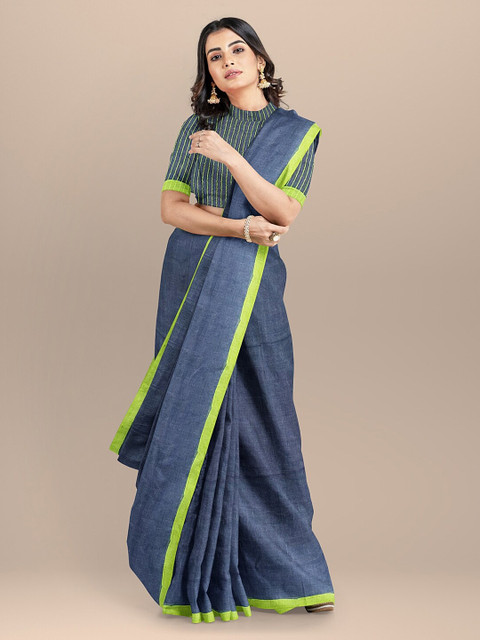 

BharatSthali Blue Solid Handloom Bhagalpuri Sustainable Saree