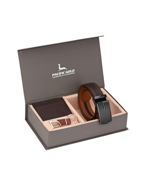 

Pacific Gold Men Brown Genuine Leather Belt Cardholder & Keychain Accessory Set