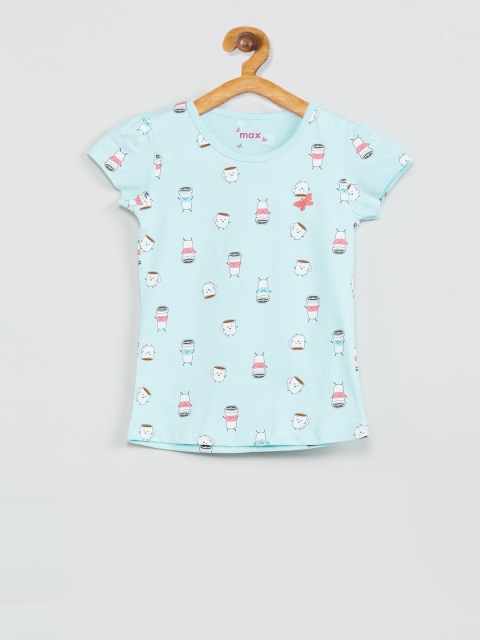 max Girls Green Printed V-Neck T-shirt