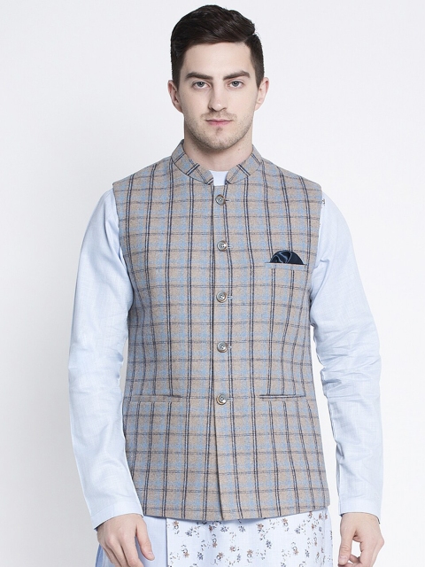 

MAXENCE Men Blue Checked Pure Cotton Nehru Jacket