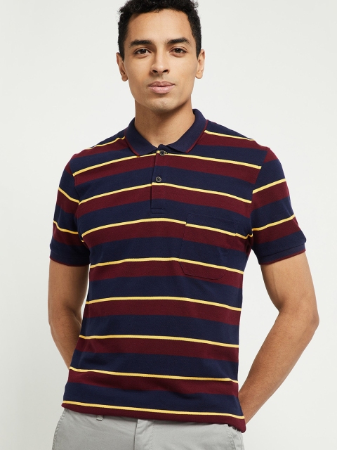 

max Men Maroon & Navy Blue Striped Polo Collar T-shirt