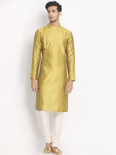 

Manyavar Men Yellow & Cream-Coloured Self Design Kurta with Pyjamas