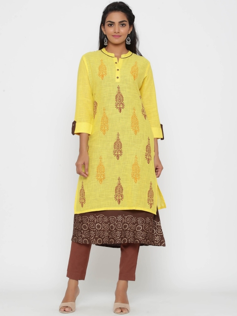 

WomenMagic Women Yellow Woven Design Straight Kurta