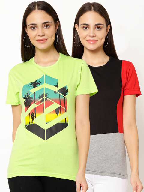 

VIMAL JONNEY Women Multicoloured Set of 2 Printed Round Neck T-shirt, Multi