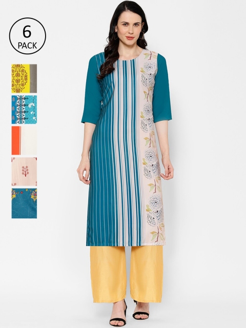 

7Threads Women Set Of 6 Multicoloured Embroidered A-Line Kurta, Multi