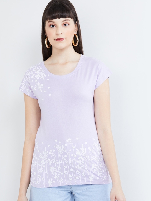 

max Women Purple Printed Round Neck T-shirt