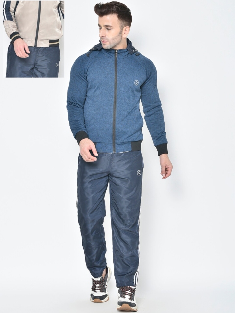 

Chkokko Men Beige & Navy Blue Solid Reversible Hooded Tracksuit