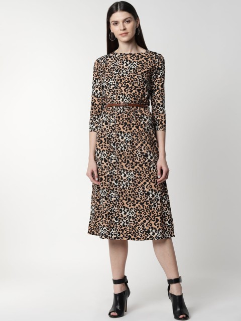 

FIVE STONES Women Beige & Black Printed Fit and Flare Dress