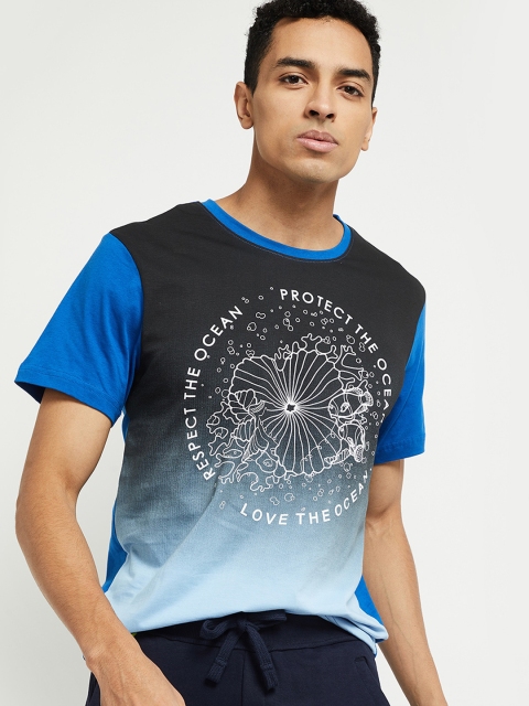

max Men Blue & Black Printed Round Neck T-shirt