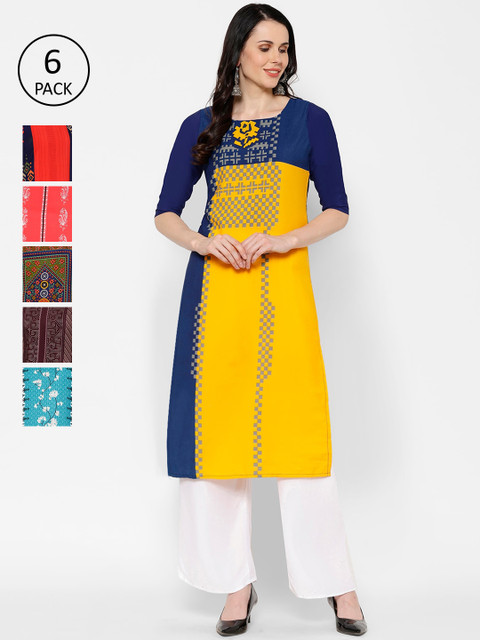 

7Threads Women Pack of 6 Multicoloured Printed Straight Kurtas, Multi