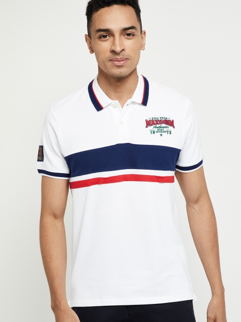 

max Men White Striped Polo Collar T-shirt