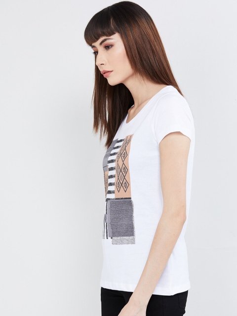 

max Women White Printed Round Neck T-shirt