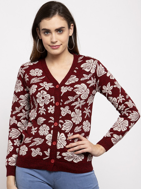 

Kalt Women Maroon & White Floral Cardigan Sweater