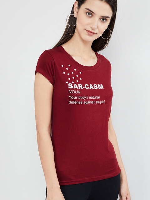

max Women Maroon Printed T-Shirt, Red